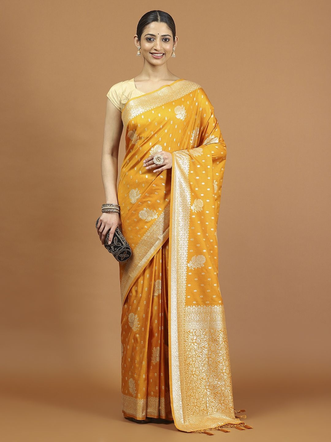 

Meena Bazaar Ethnic Motifs Woven Design Zari Saree, Mustard