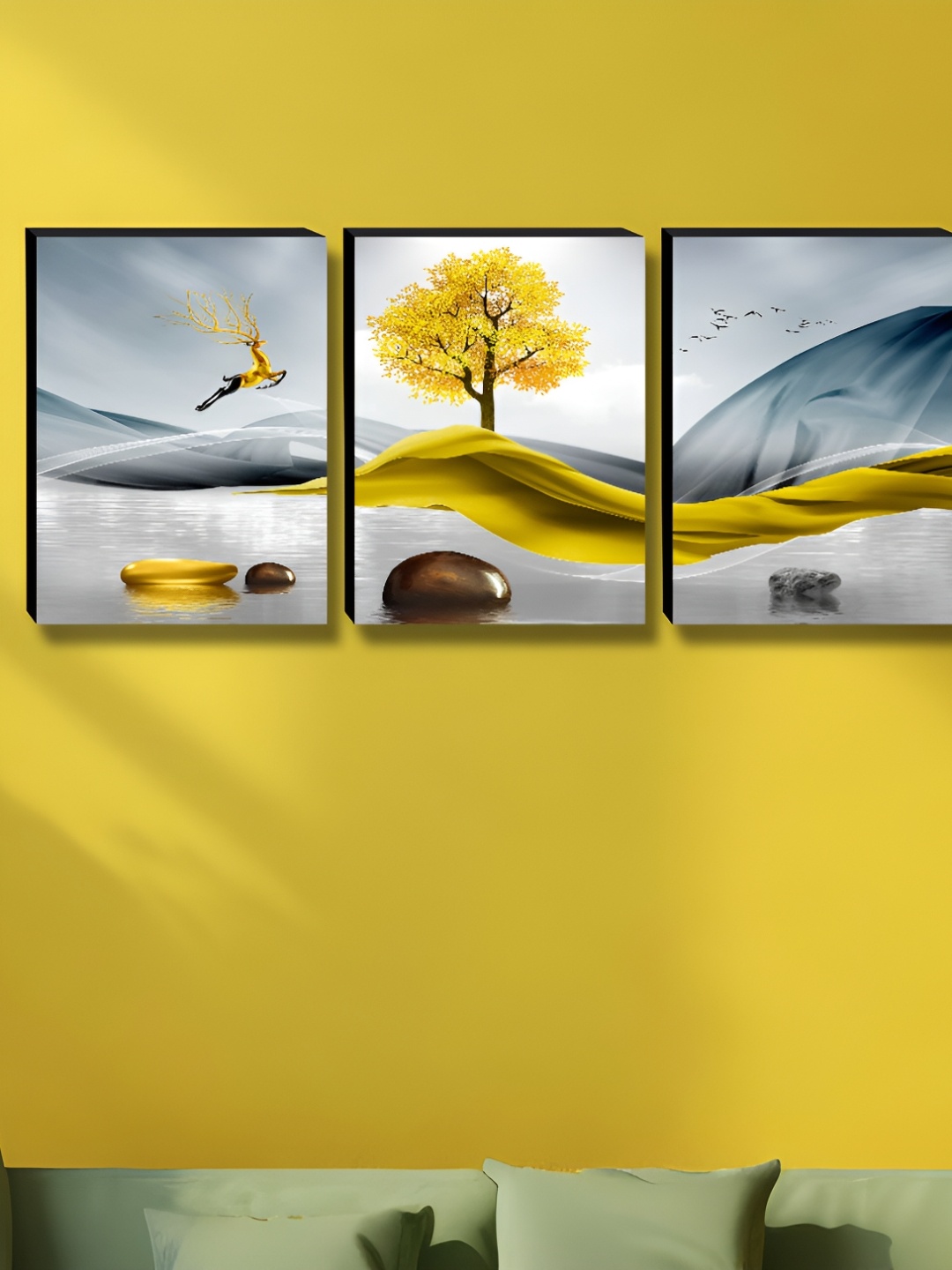 

Myntra Elegant Homes Grey & Gold-Toned 3 Pieces Printed Wall Paintings