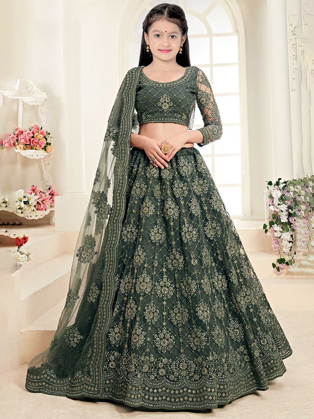 

BAESD Girls Floral Embroidered Thread Work Semi-Stitched Lehenga Choli With Dupatta, Green