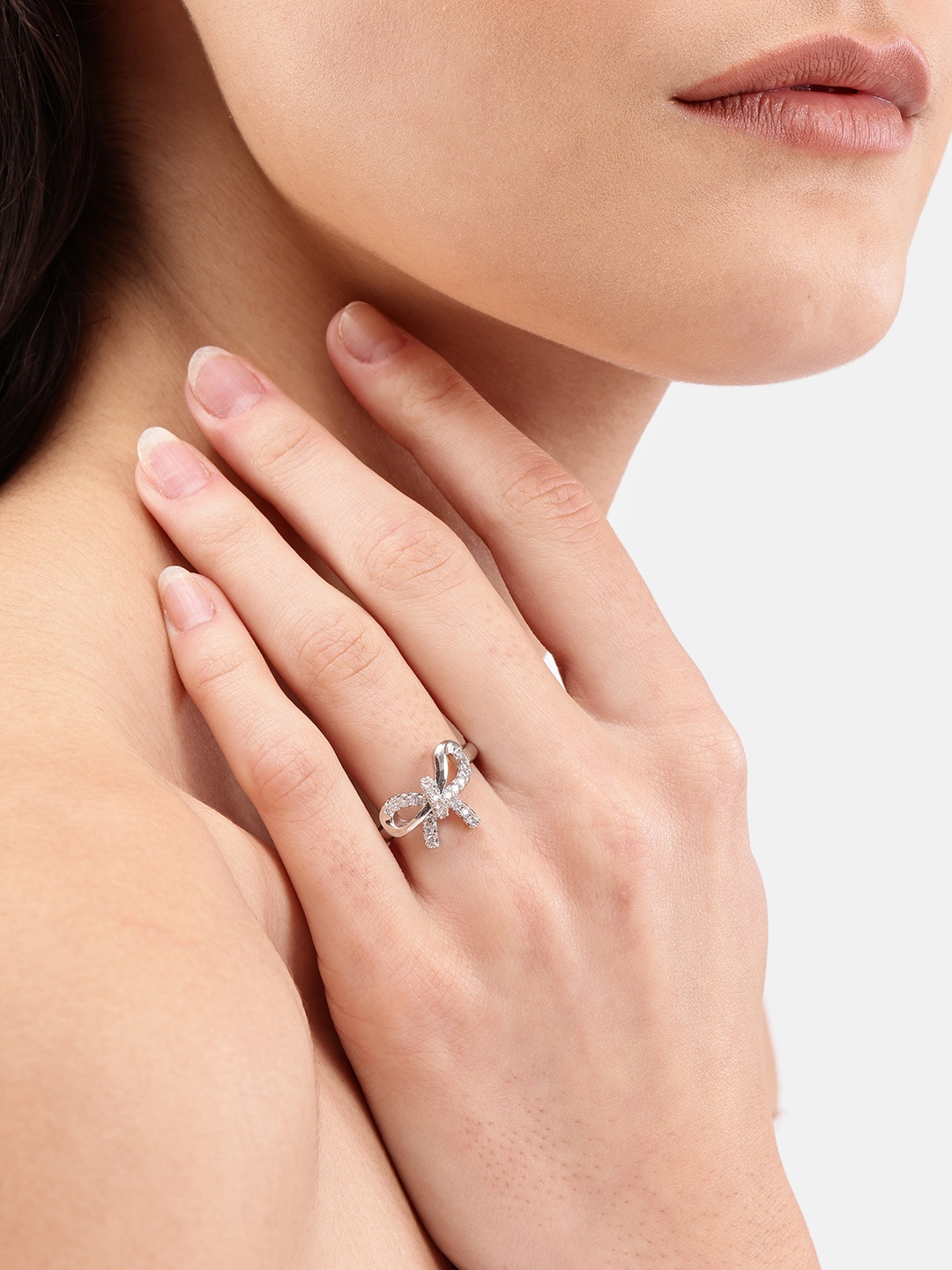 

DressBerry Stone Studed Bow-Shaped Finger Ring, Silver
