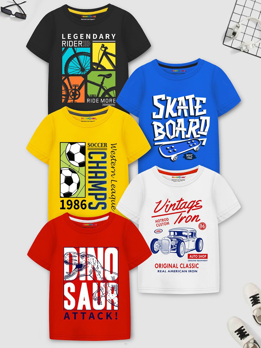

YK X Trampoline Selection Of 5 Boys Typography Printed Pockets T-shirt, Red