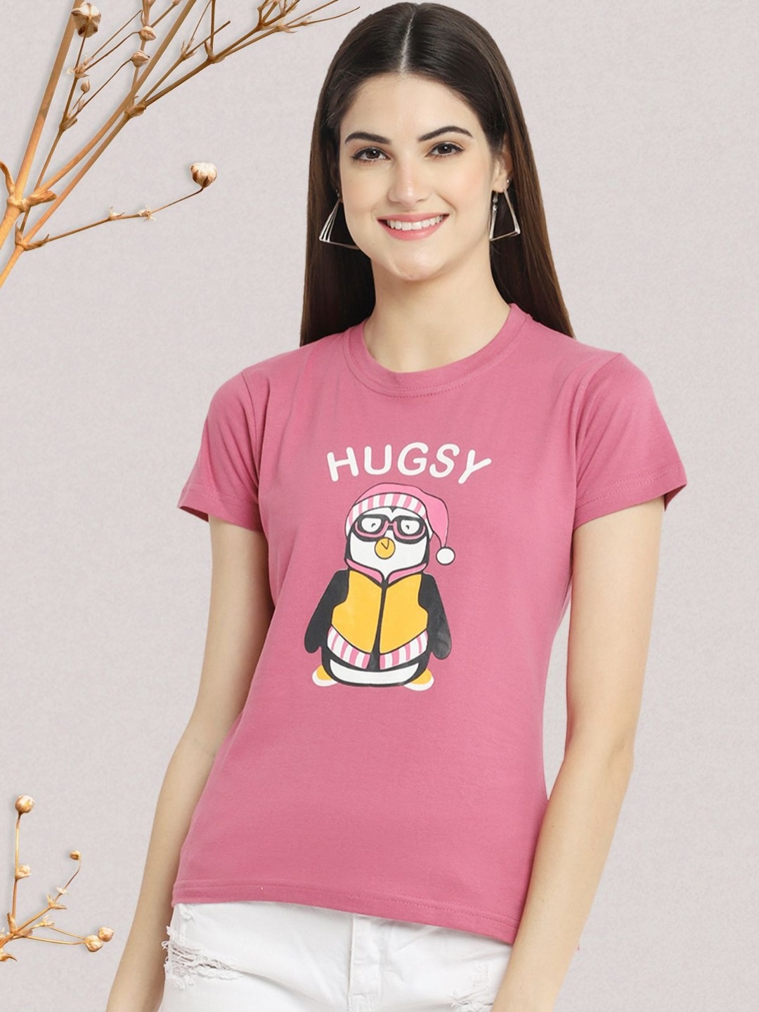 

Dreambe Women Typography Printed Round Neck Short Sleeve Pure Cotton Casual T-Shirt, Pink