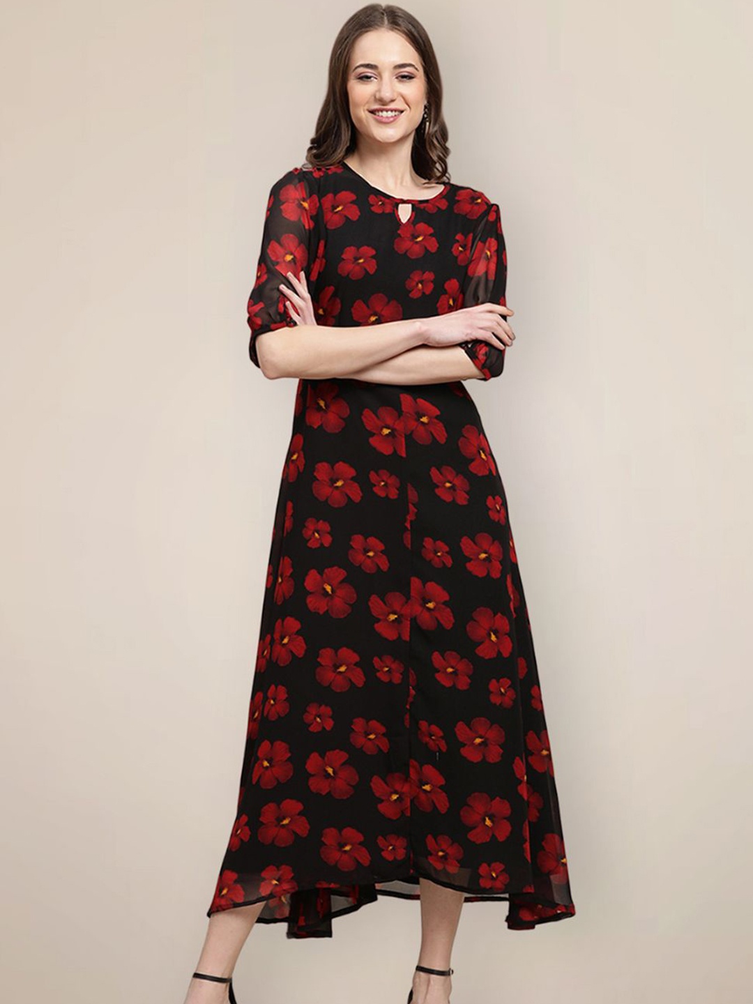 

Metronaut Women Floral Printed Georgette A-line Midi Dress, Black