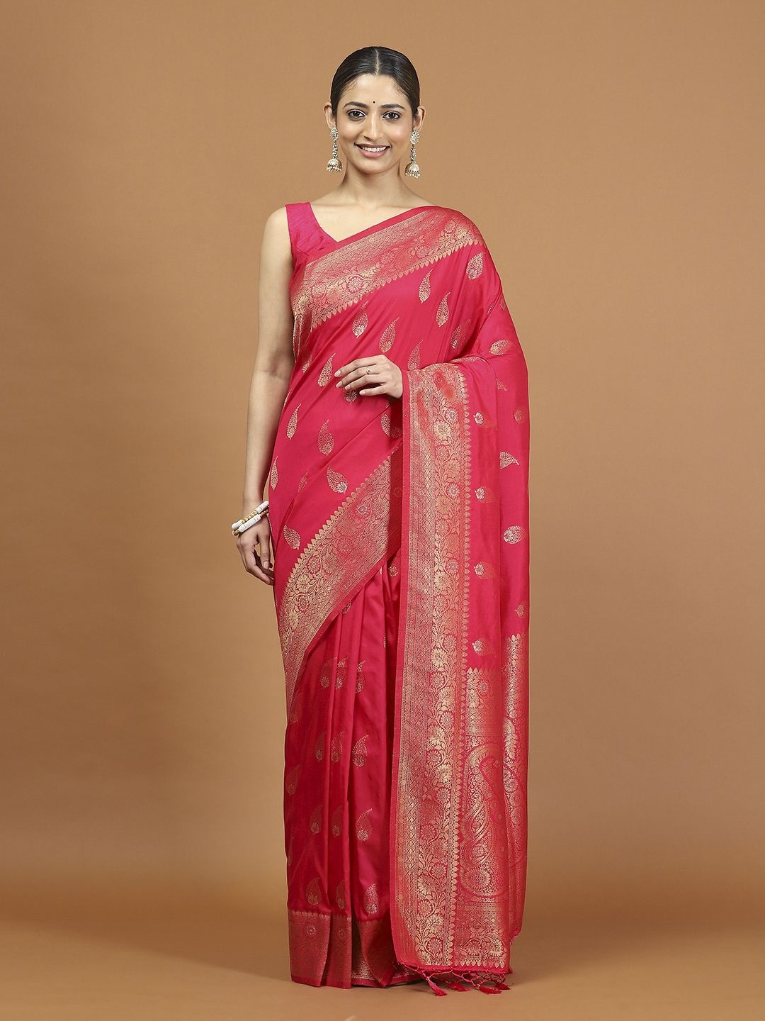 

Meena Bazaar Ethnic Motifs Zari Saree With Blouse Piece, Pink