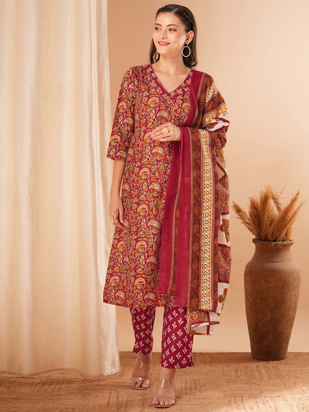 

FASHOR Floral Printed Thread Work Pure Cotton Kurta With Trousers & Dupatta, Maroon