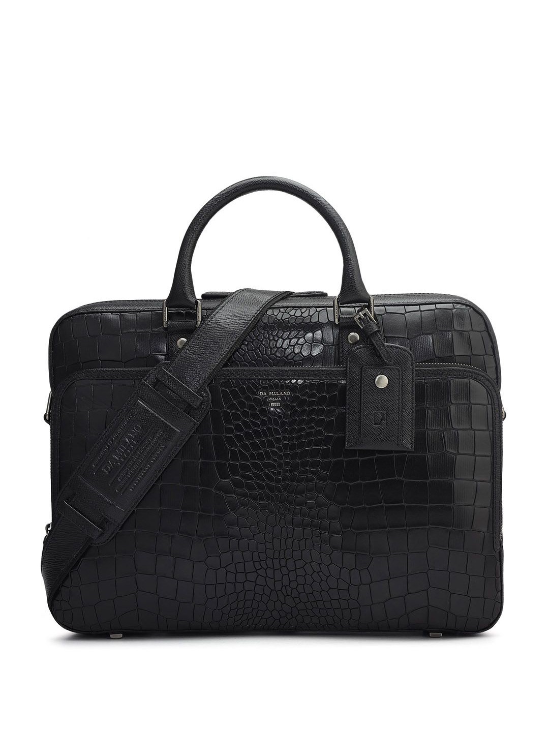 

Da Milano Men Textured Leather Laptop Bag, Black