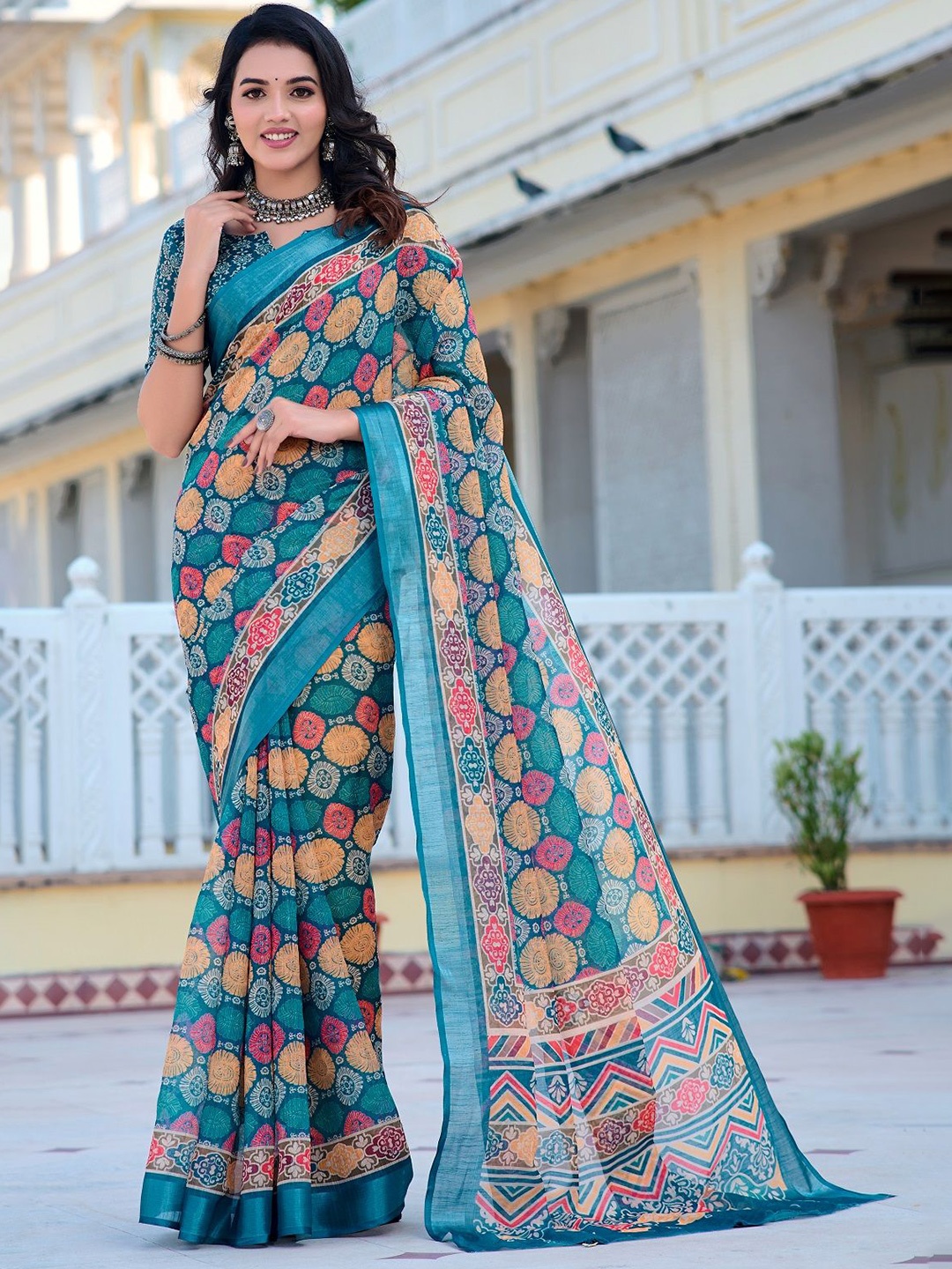 

Sarvada Floral Printed Pure Cotton Saree, Blue