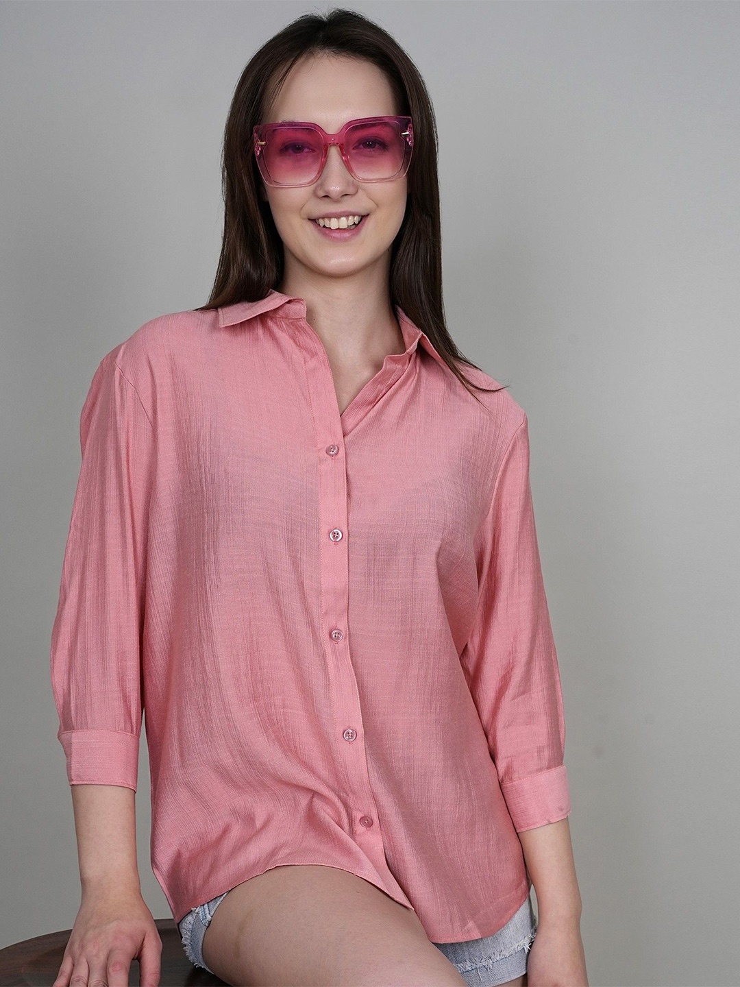 

ADBUCKS Spread Collar Opaque Oversized Shirt, Peach