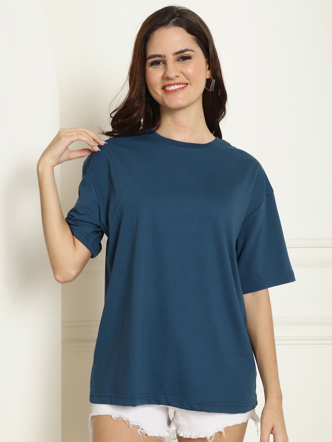 

Tromko Women Graphic Printed Round Neck Cotton Oversized T-shirt, Teal