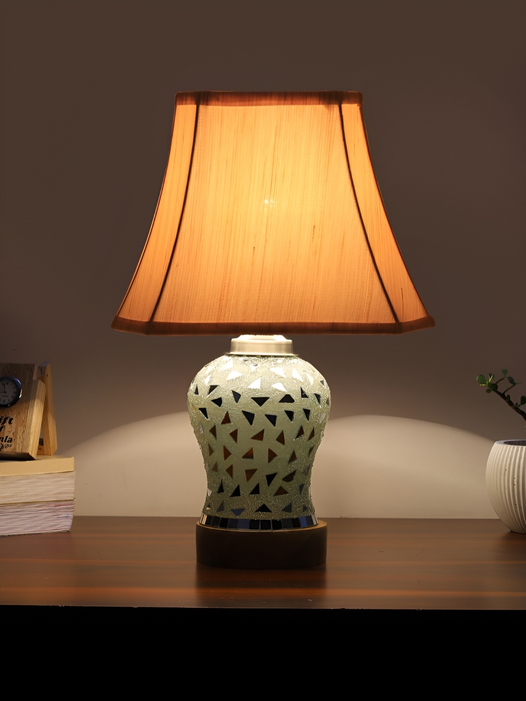 

Devansh Off White Textured Frustum Shaped Wooden Table Lamp With Mosaic Glass Base