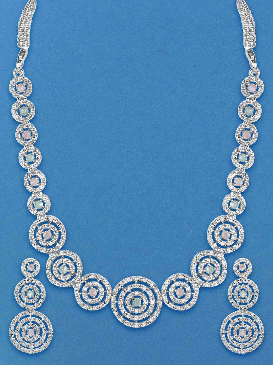 

M GOLD Silver Plated Cubic Zirconia Stones Studded Necklace And Earrings