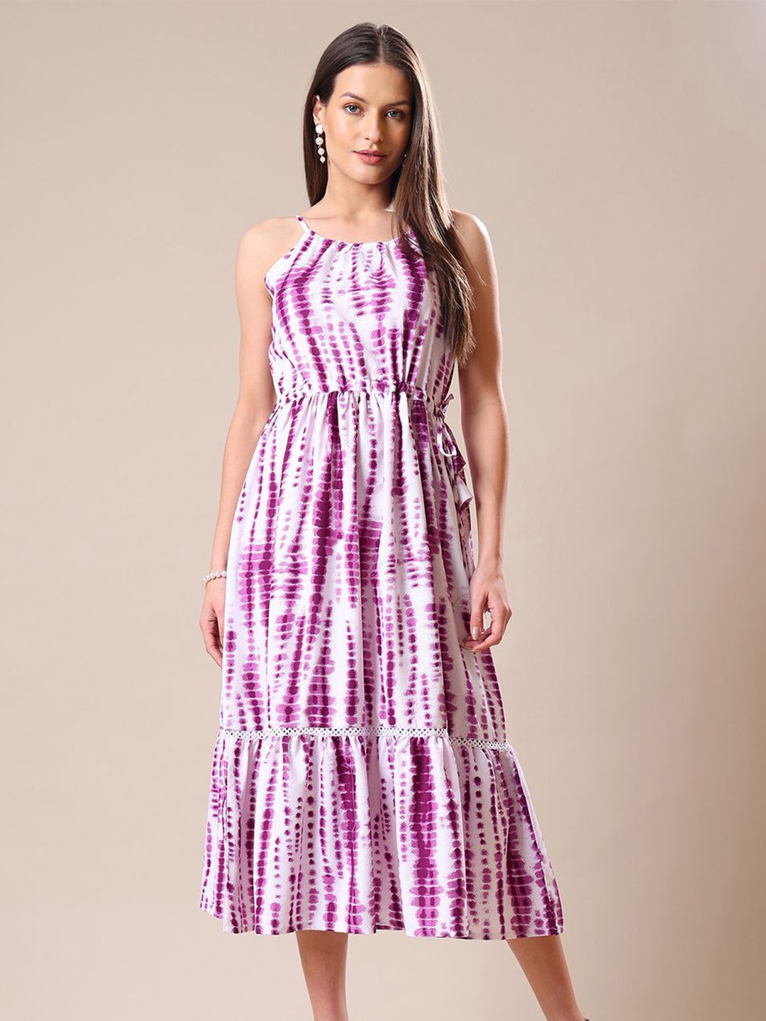 

Kinjo Women Tie and Dye Shoulder Straps Linen Fit & Flare Dress, White