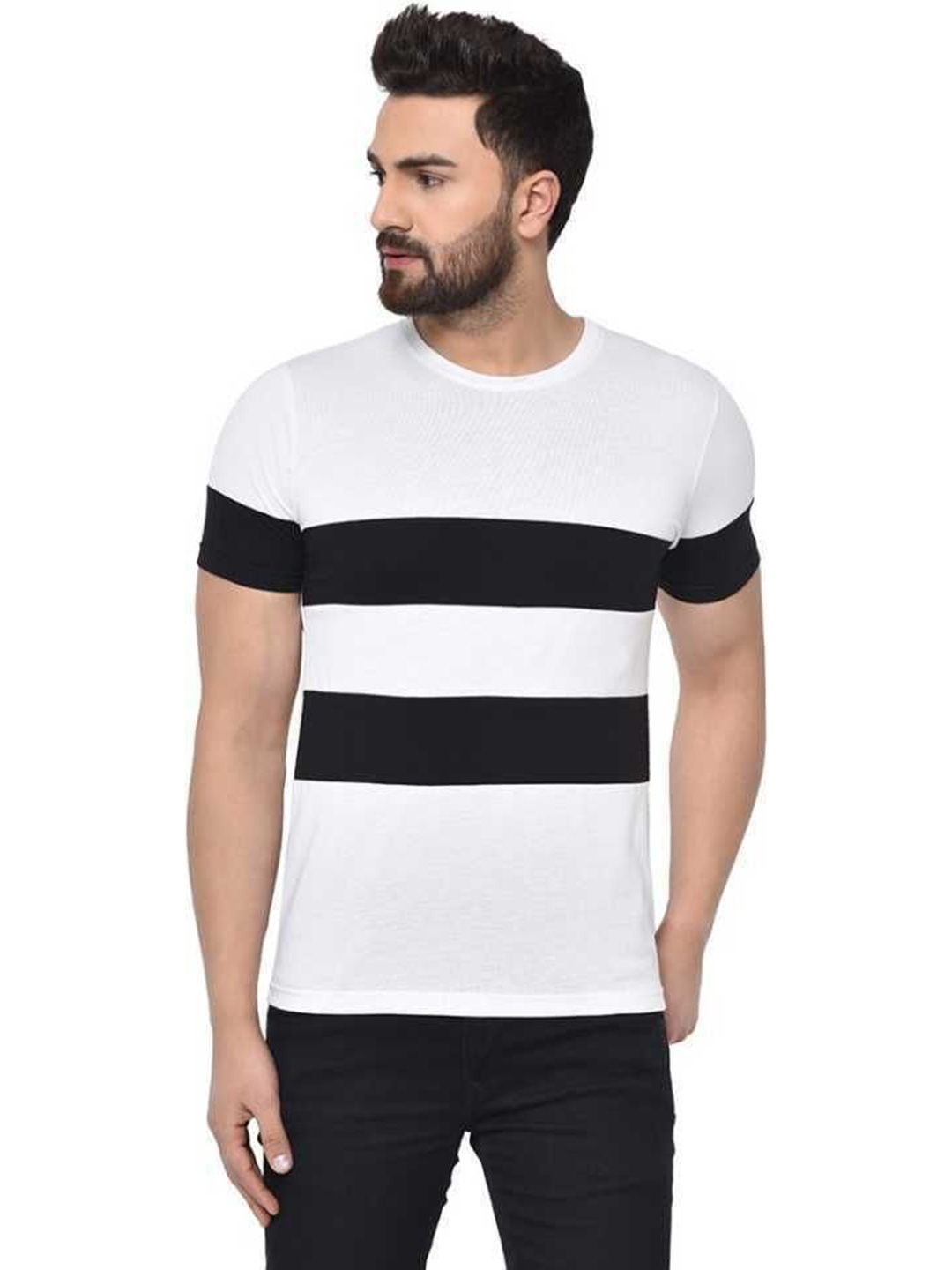 

Unicus Apparel Men Striped Round Neck Cotton T-shirt, White