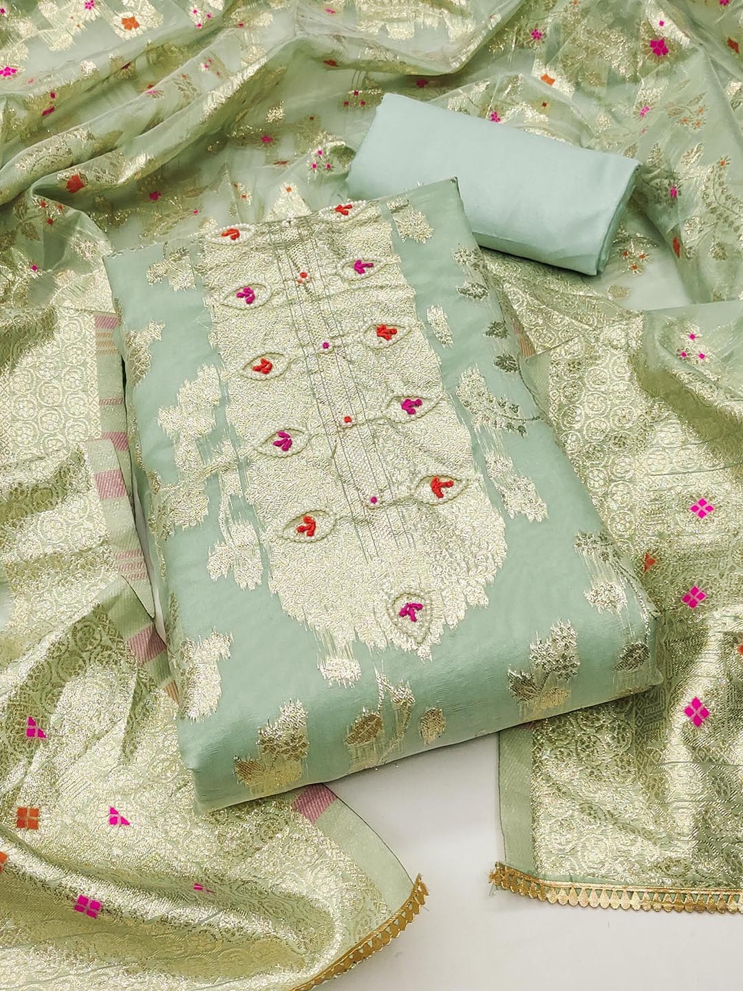 

SHADOW & SAINING Floral Woven Design Banarasi Jacquard Unstitched Dress Material, Sea green