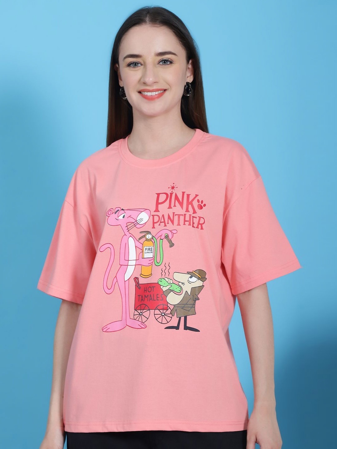 

Tromko Women Graphic Printed Round Neck Cotton Oversized T-shirt, Pink