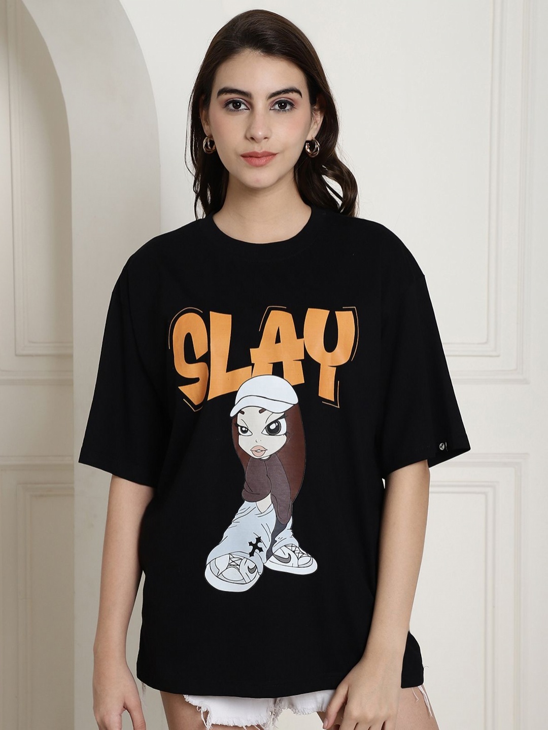 

Tromko Women Graphic Printed Round Neck Cotton Oversized T-shirt, Black