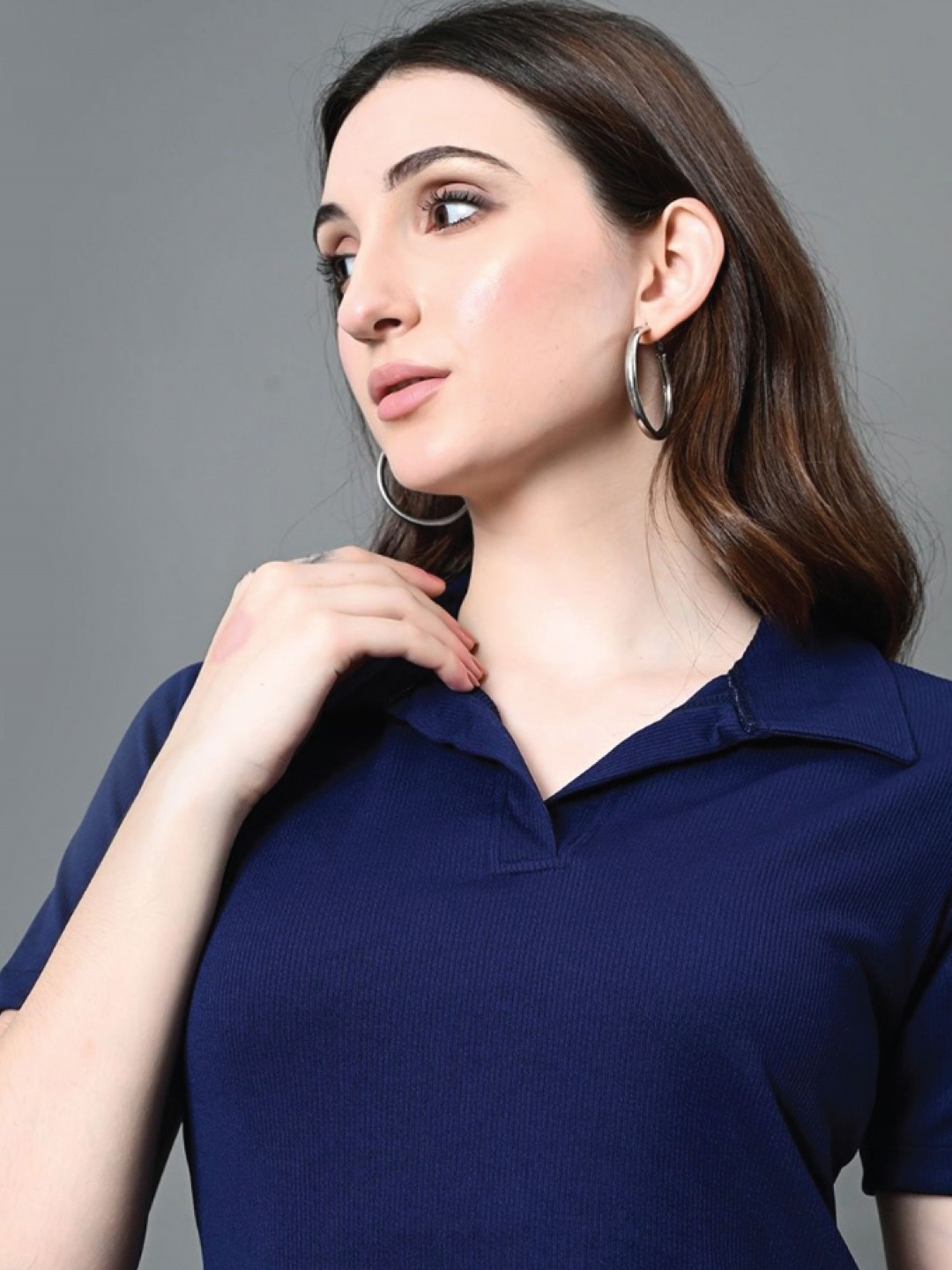 

Dreambe Women Solid Shirt Collar A-Line Dress, Navy blue