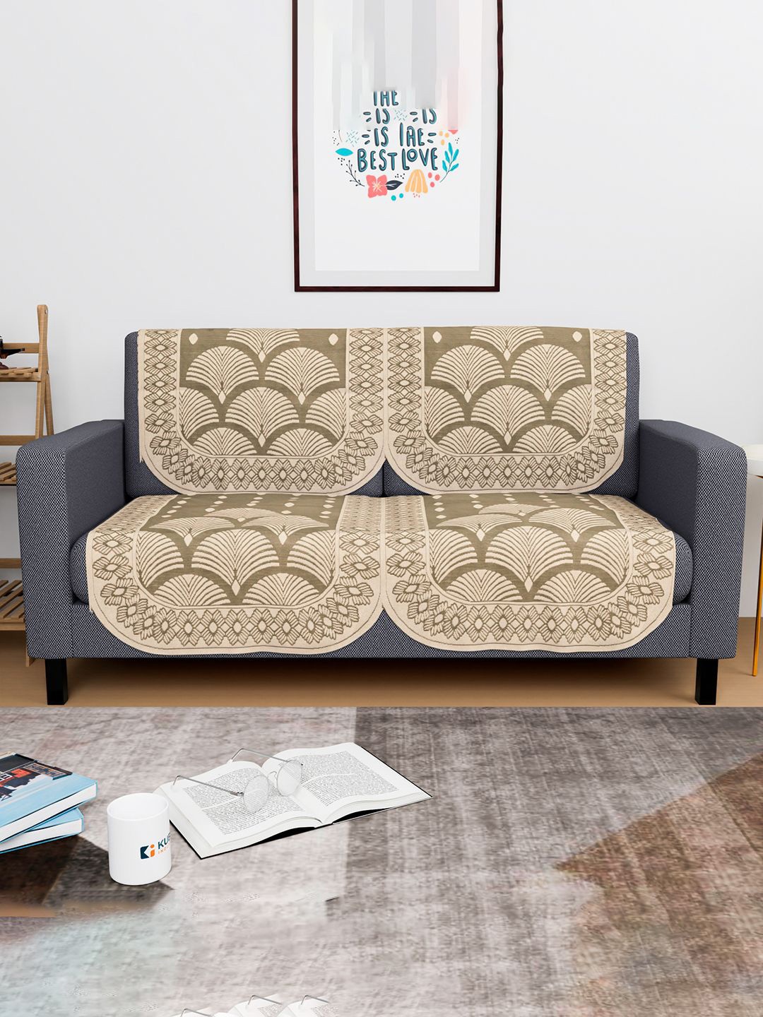 

Kuber Industries Cream & Brown 4 Pieces Floral Self Design 2 Seater Cotton Sofa Cover