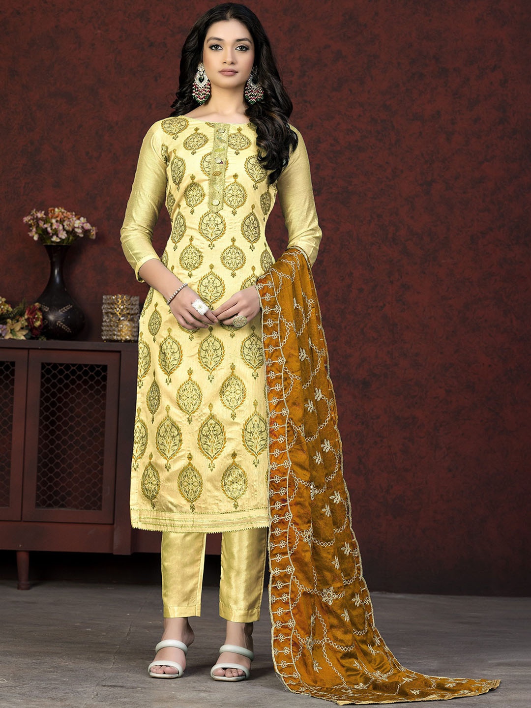

SHADOW & SAINING Embroidered Beads & Stones Semi-Stitched Dress Material, Mustard