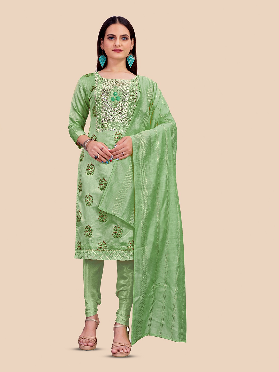 

Maroosh Floral Printed Sequinned Chanderi Unstitched Dress Material, Lime green