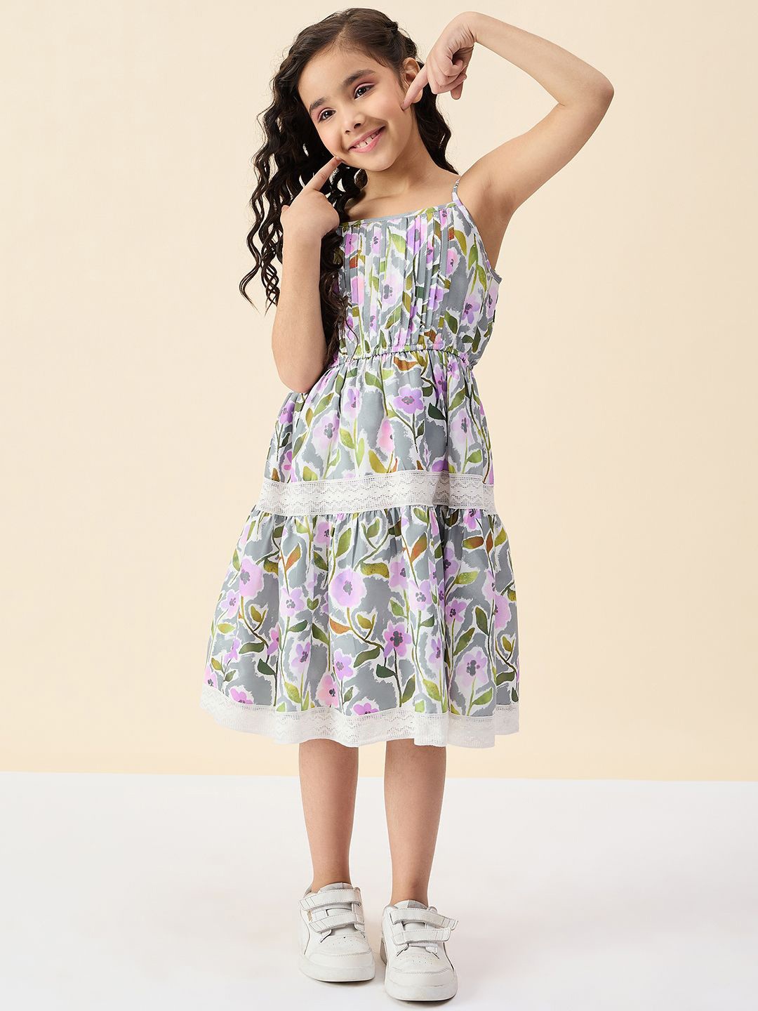 

StyloBug Girls Floral Printed Fit and Flare Dress, Grey