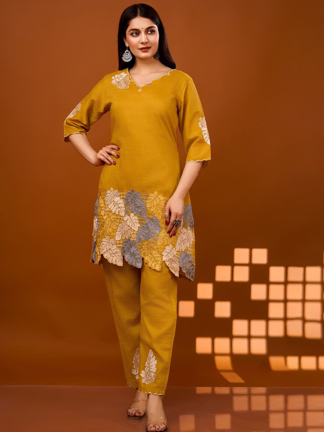 

AUTUMN LANE Floral Embordered V-Neck Tunic With Trousers, Yellow