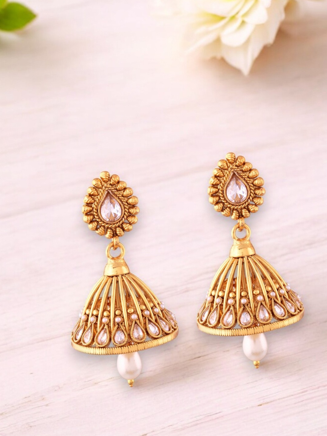 

House of Pataudi Gold Plated Stone Studded & Pearls Beaded Antique Jhumka