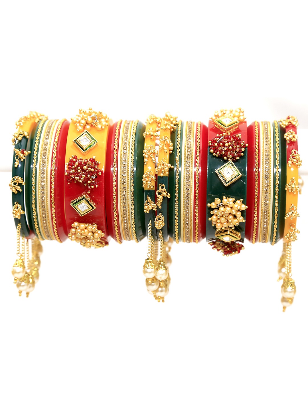 

Zindura Set of 2 Gold-Plated Stone-Studded & Beaded Chuda Bangles With Hangings