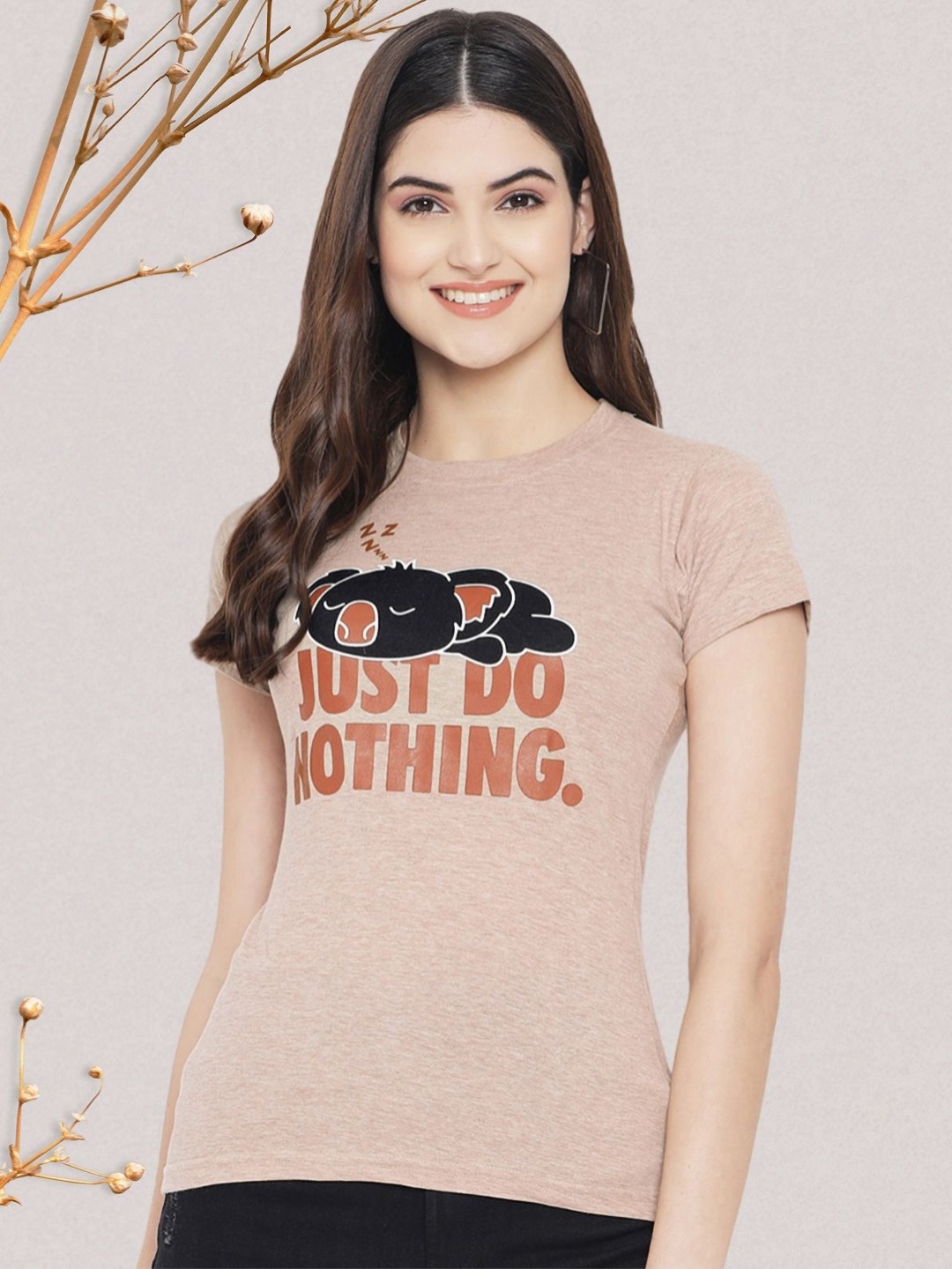 

Dreambe Women Graphic Printed Round Neck Cotton T-shirt, Peach