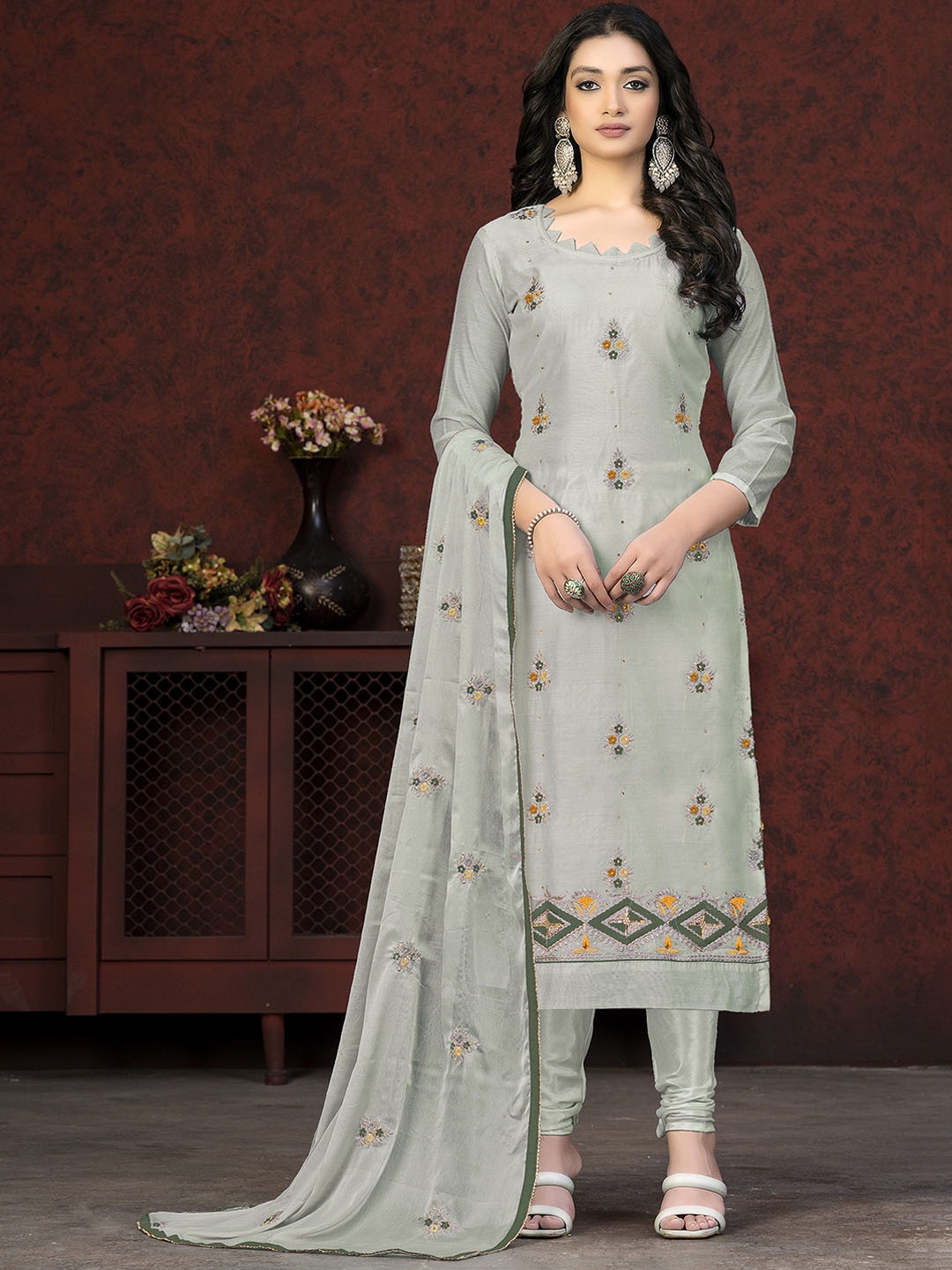 

SHADOW & SAINING Floral Embroidered Zari Work Semi-Stitched Dress Material, Grey