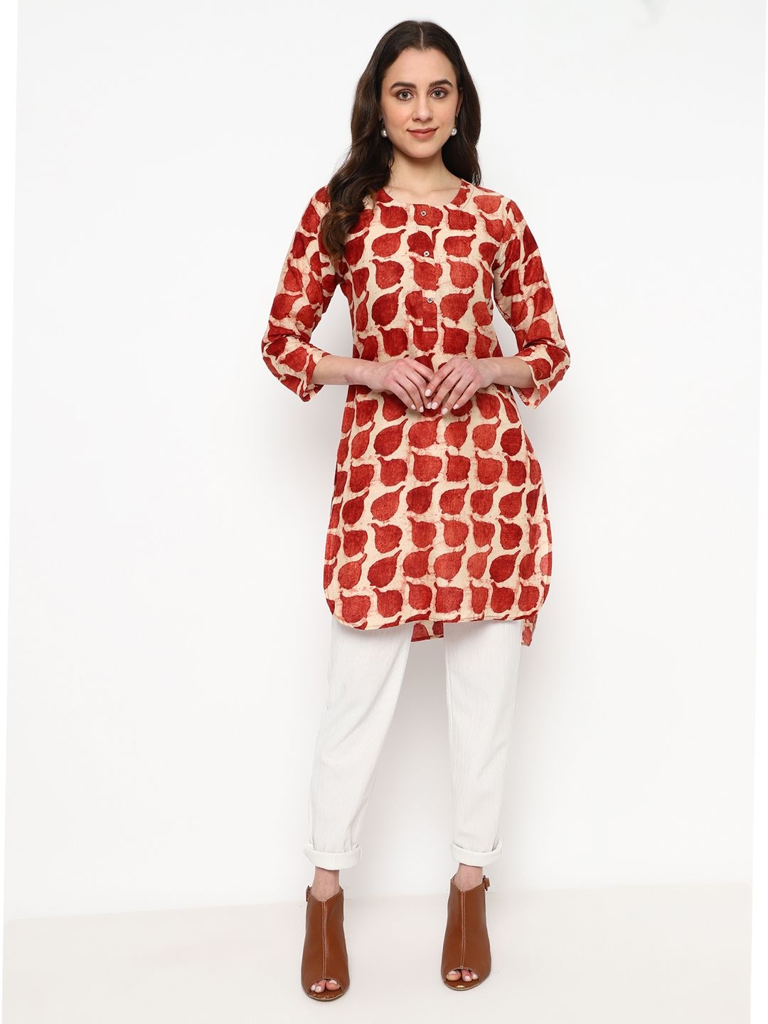 

KALINI Women Round Neck Pure Cotton High-Low Kurti, Rust