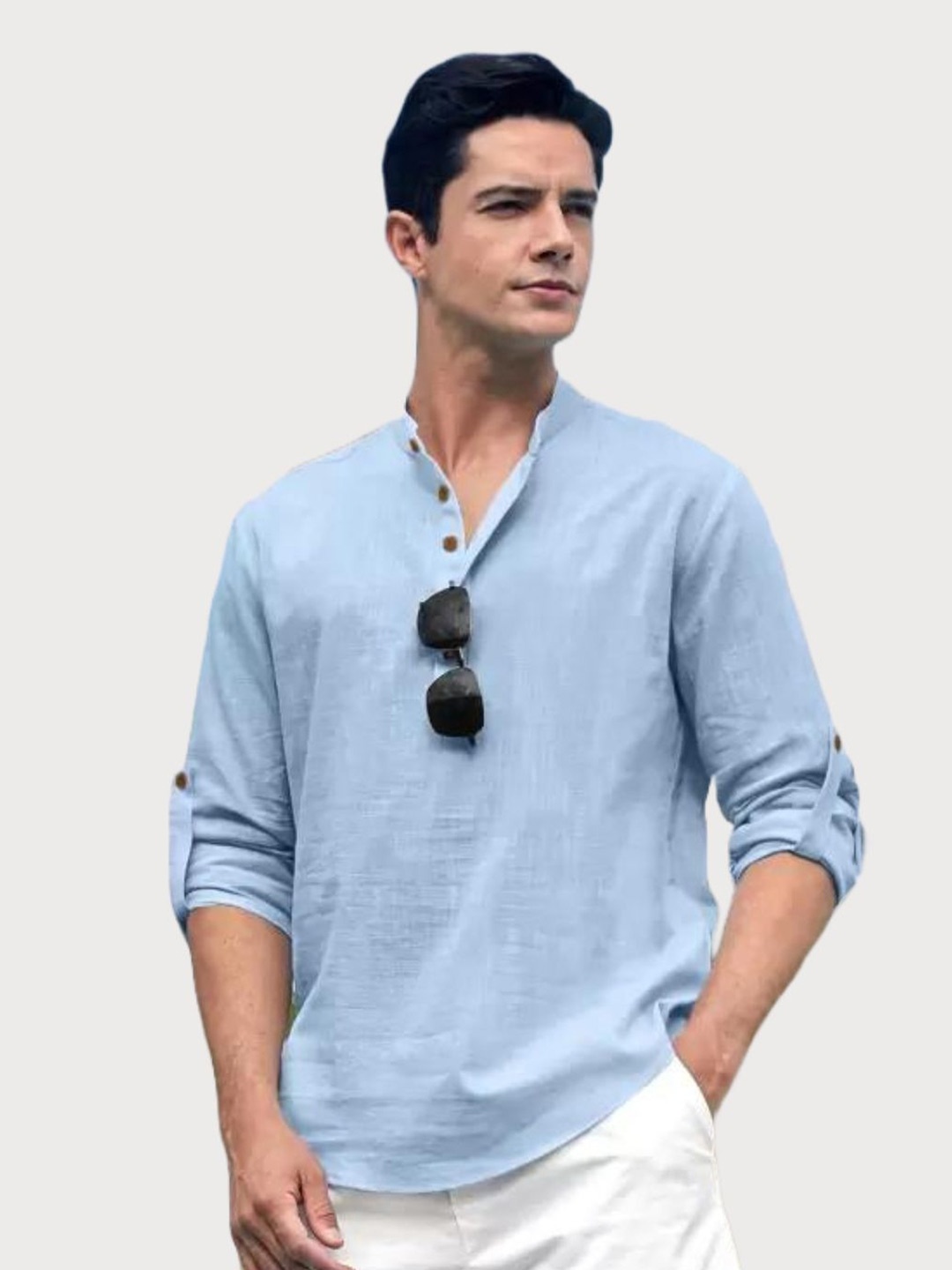 

LIFE ROADS Mandarin Collar Roll-Up Sleeves Cotton Straight Short Kurta, Blue