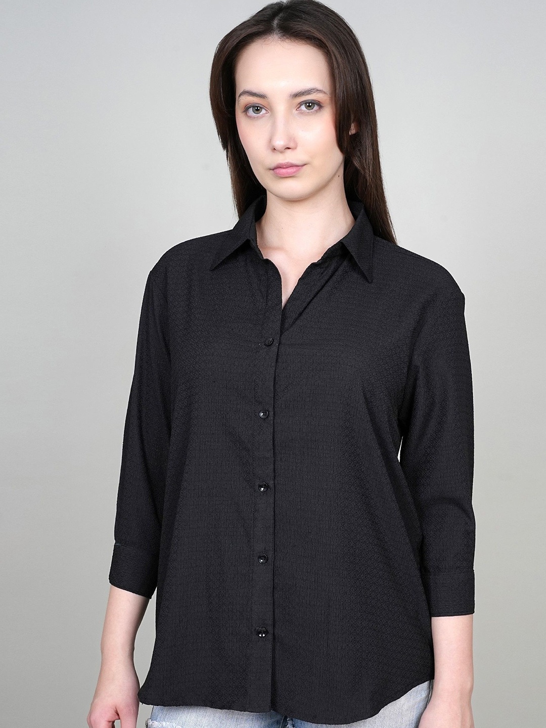 

ADBUCKS Women Spread Collar Textured Casual Shirt, Black