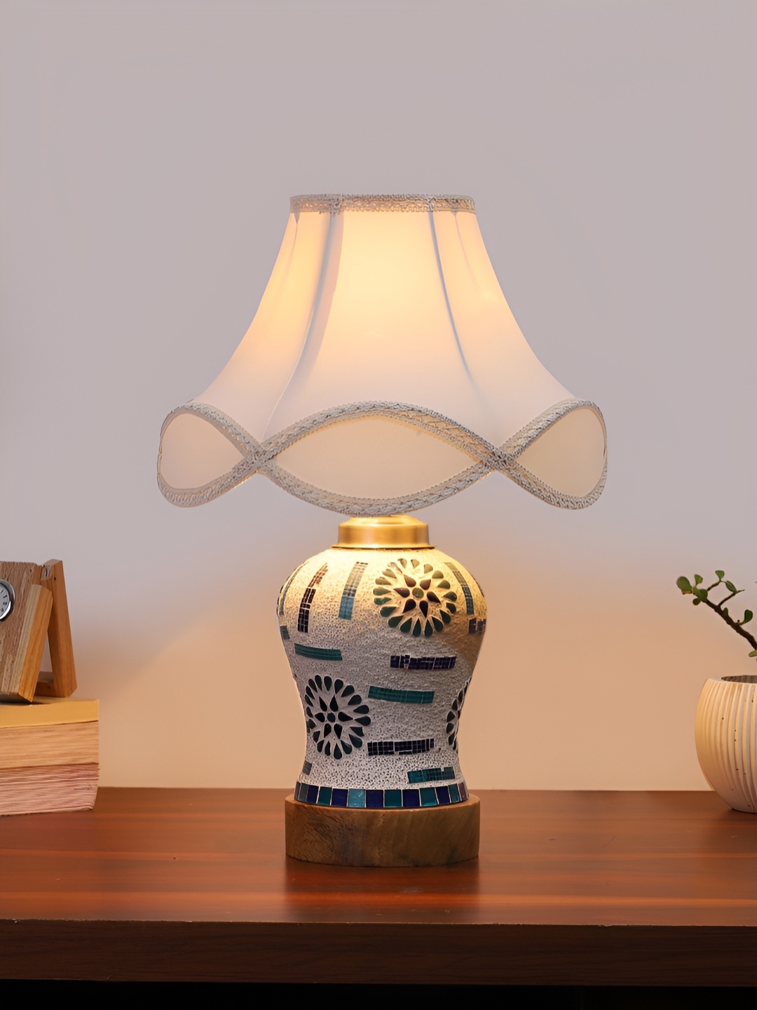 

Devansh Off White Textured Frustum Shaped Wooden Table Lamp