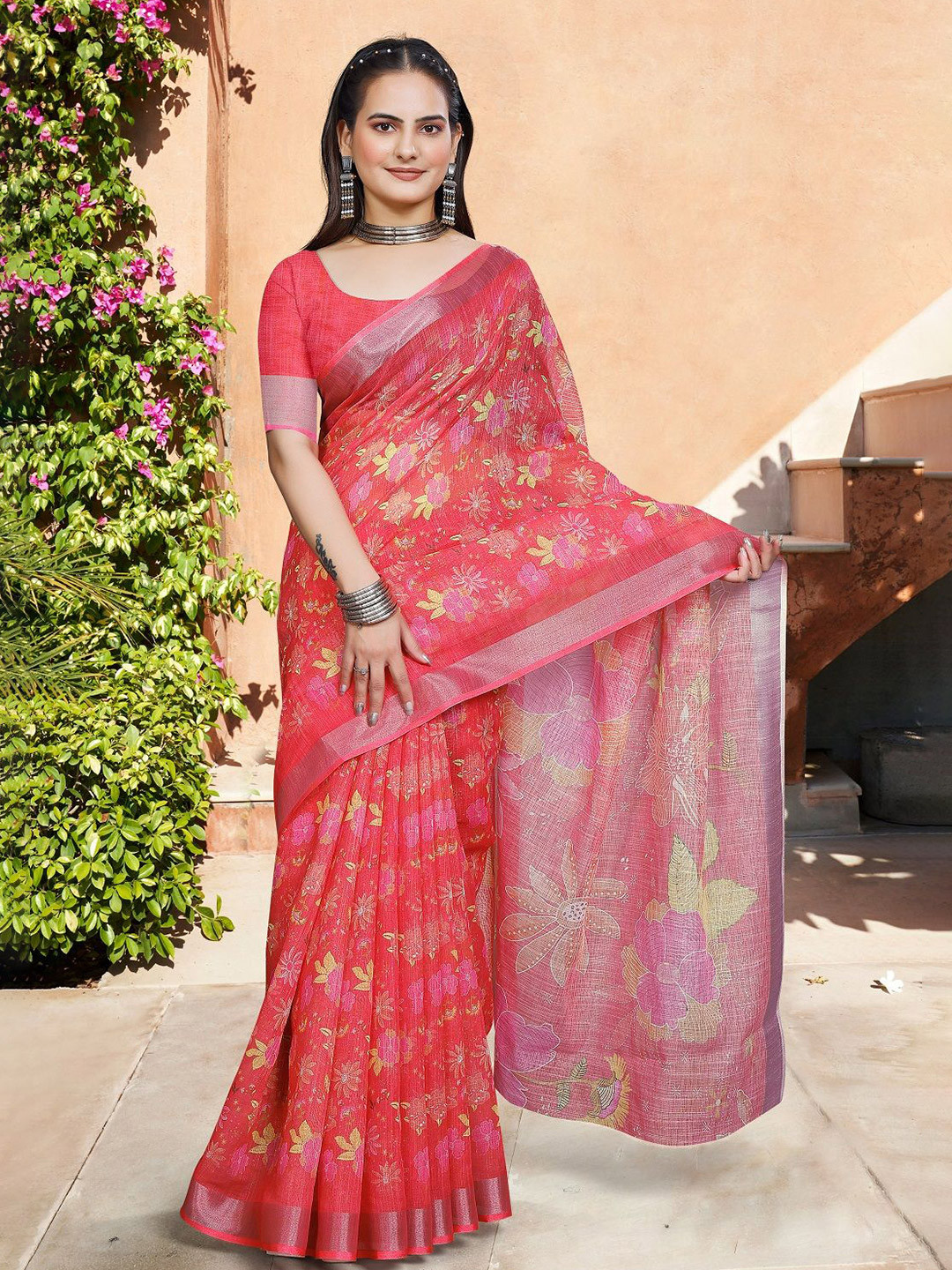 

Mitera Floral Printed Zari Pure Cotton Saree, Red