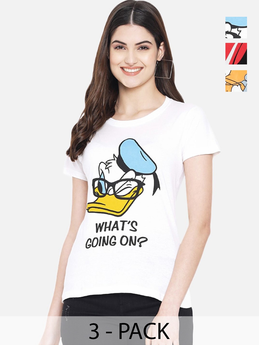 

Dreambe Women Pack of 3 Donald Duck Graphic Printed Round Neck Cotton T-shirts, White