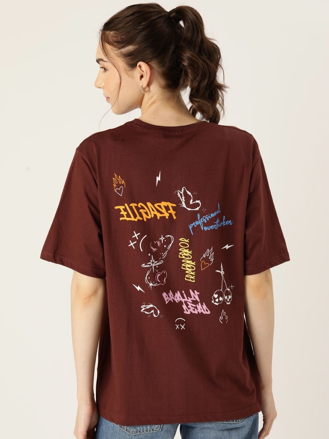

DressBerry Women Graphic Printed Round Neck Cotton Relaxed Fit T-shirt, Brown