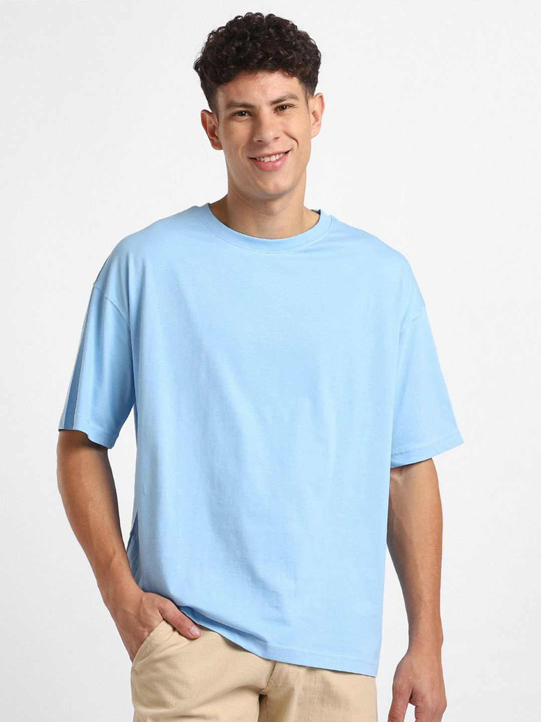 

NOBERO Men Graphic Printed Round Neck Cotton Oversized T-shirt, Blue