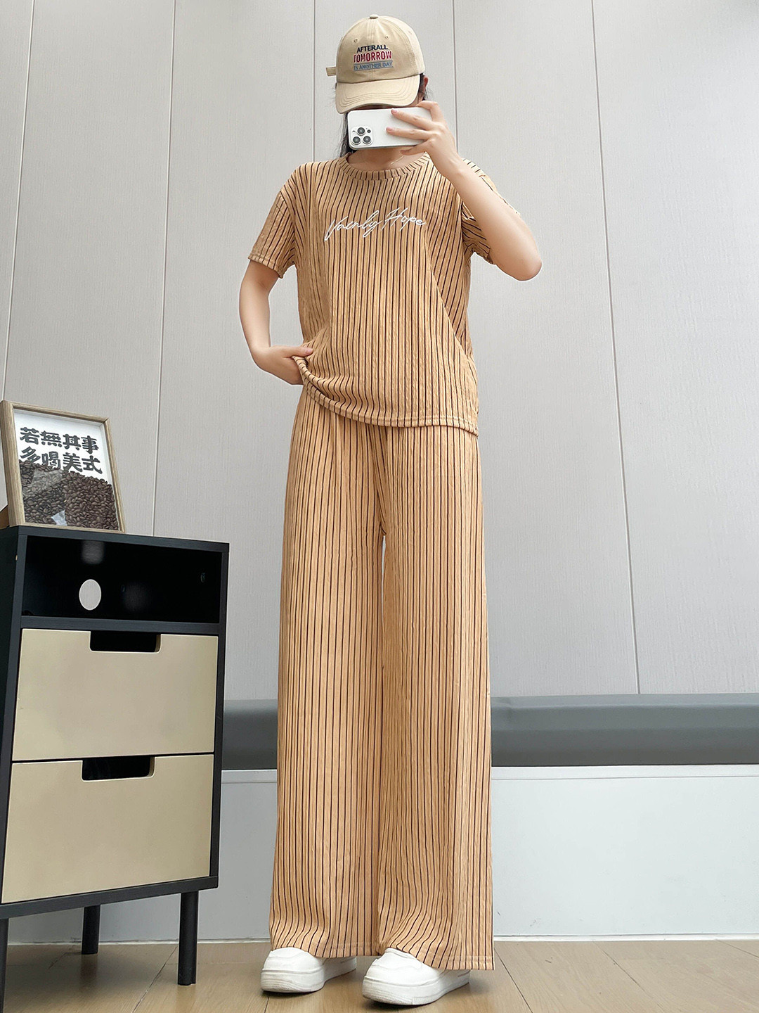 

Lugo Striped Self Design Round Neck T-Shirt With Palazzo, Beige