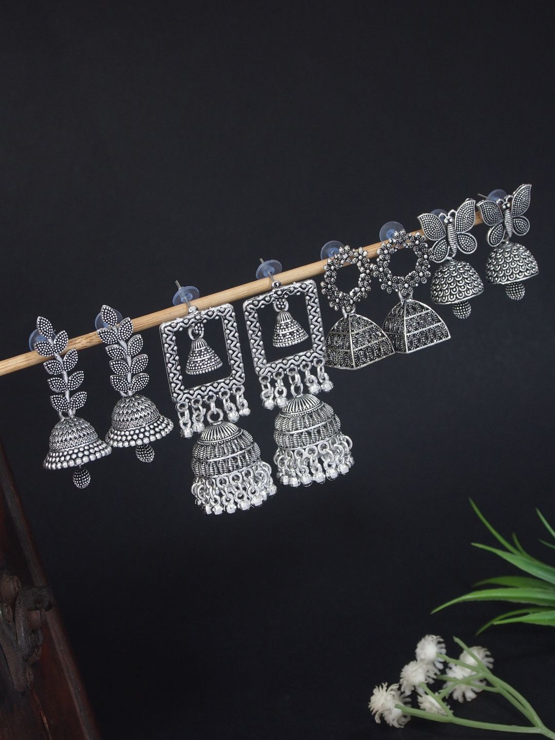 

I Jewels Set Of 4 Silver-Plated Oxidised Contemporary Jhumkas