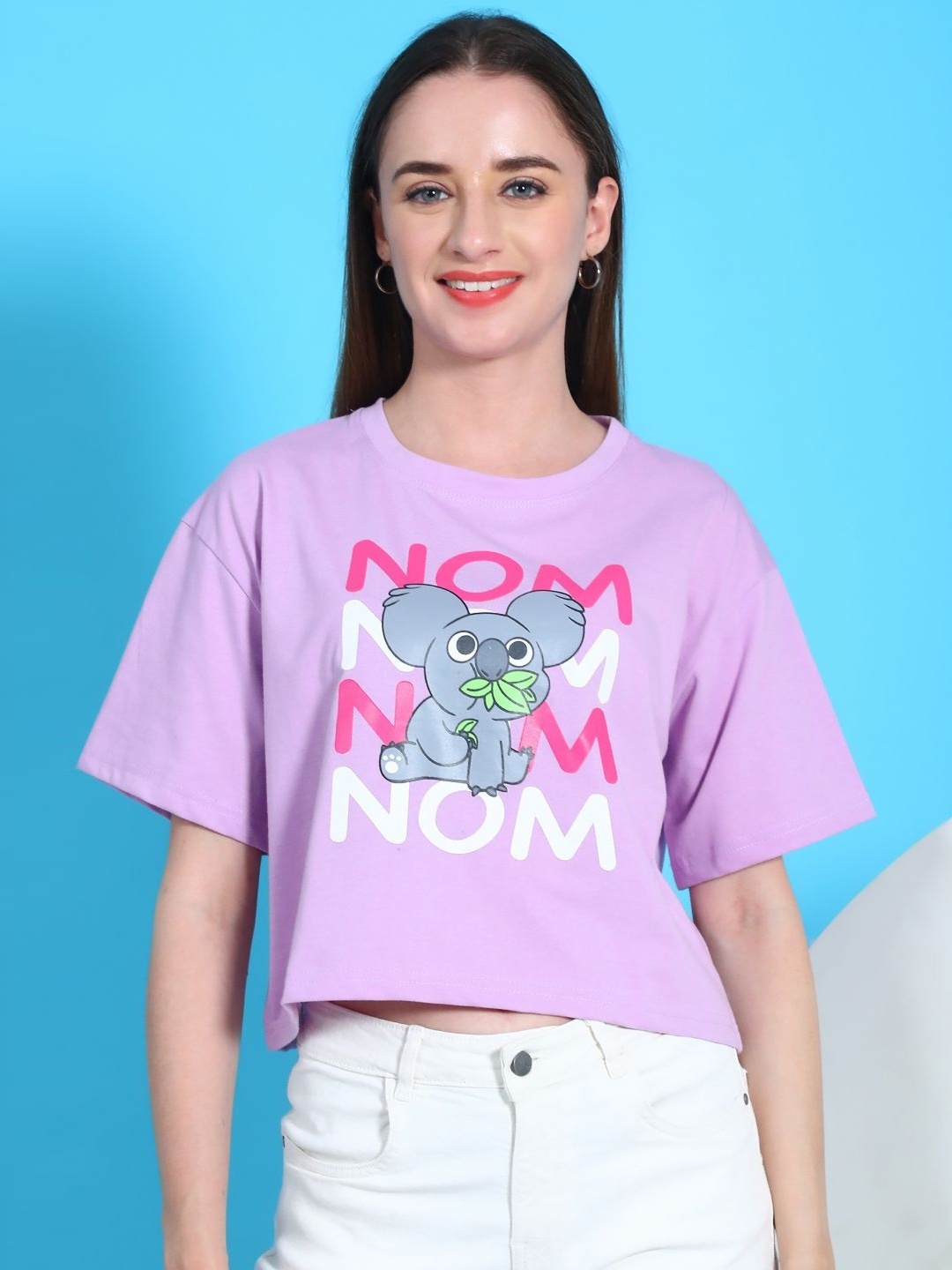 

Dreambe Women Graphic Printed Round Neck Cotton Boxy T-shirt, Purple