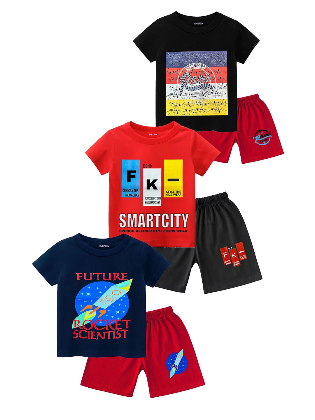 

Tik Tok WEARS Boys Pack Of 3 Graphic Printed Pure Cotton T-shirt With Shorts, Black