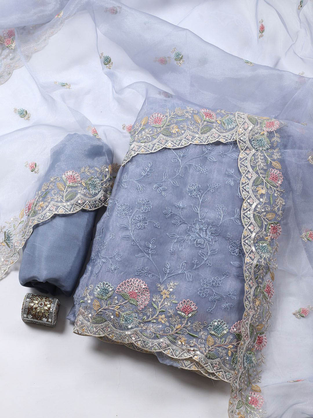 

Meena Bazaar Floral Embroidered Sequinned Organza Unstitched Dress Material, Blue
