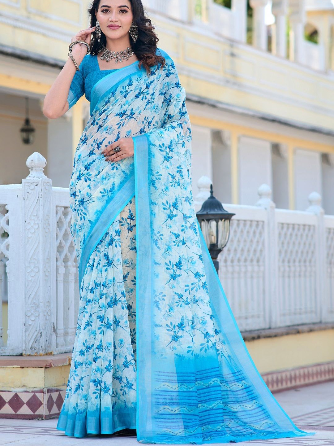 

Mitera Floral Printed Pure Cotton Saree, Blue