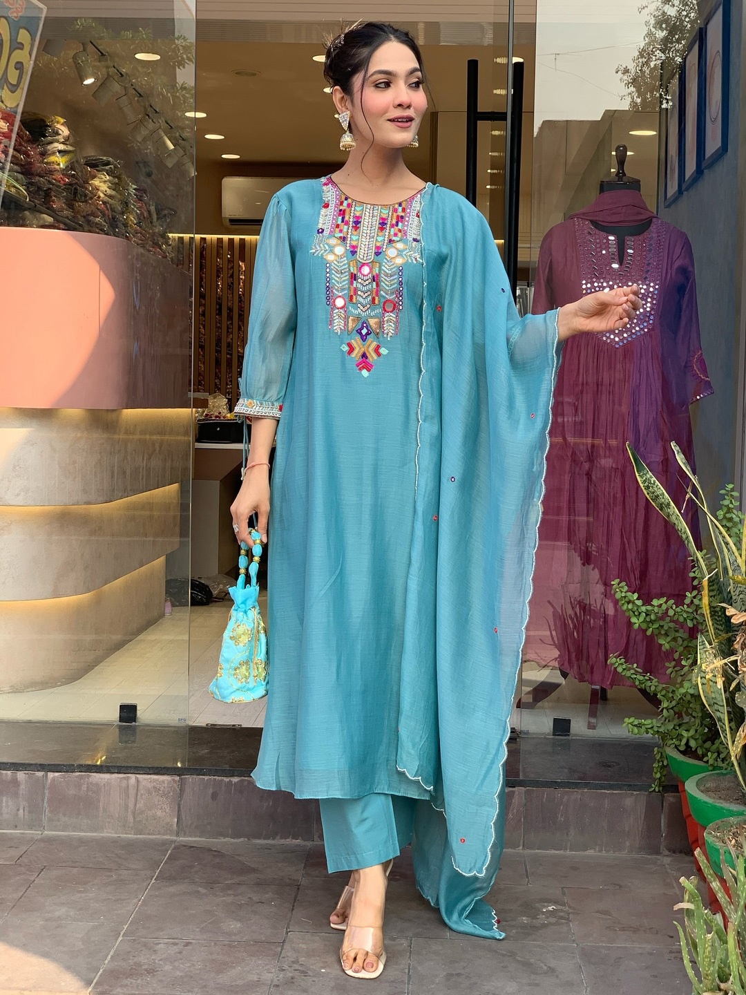 

REALLTREND Geometric Yoke Design Mirror Work A-Line Kurta With Trousers & Dupatta, Turquoise blue