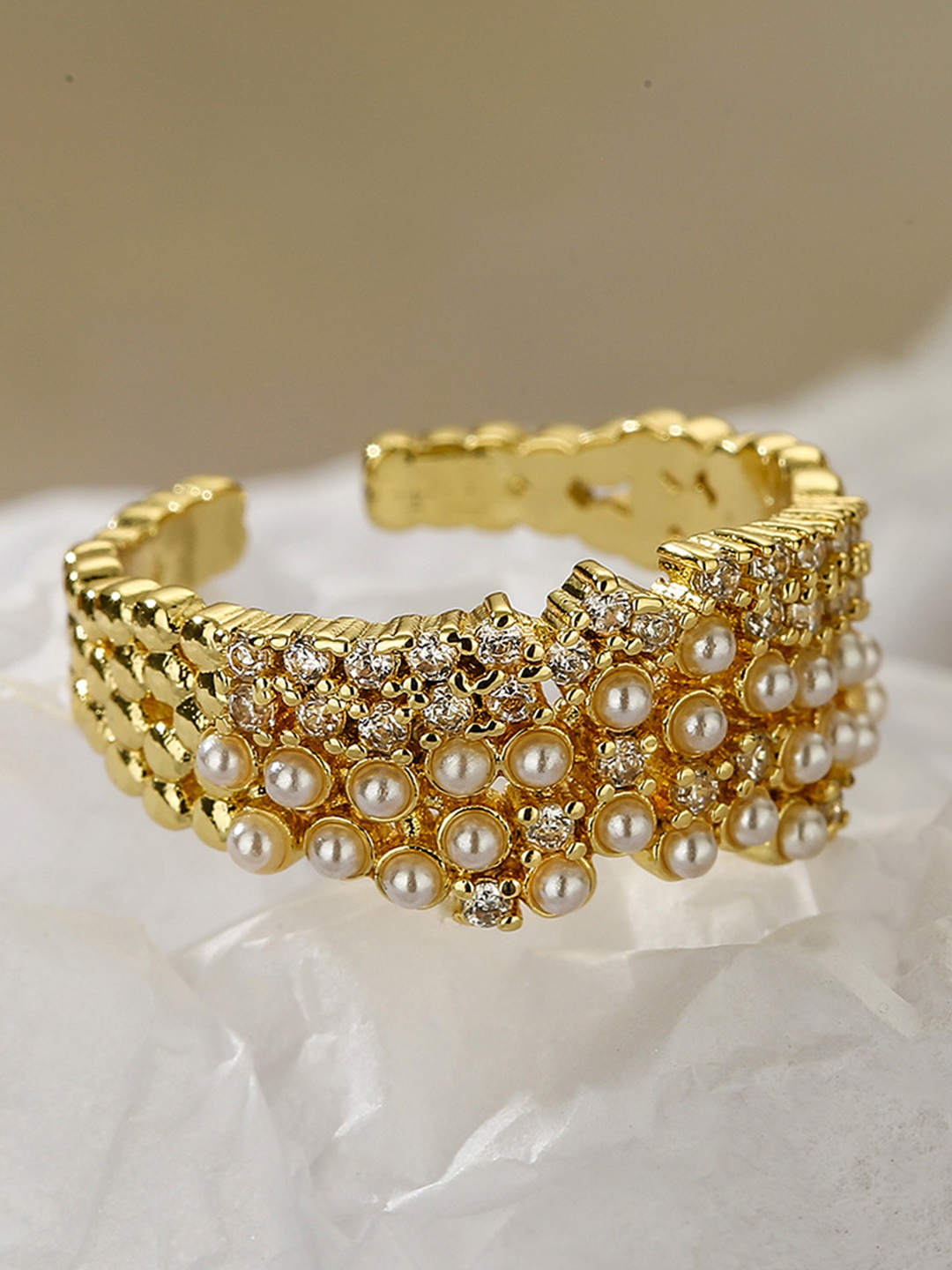 

Just Lil Things Artificial Stone Studded & Beaded Finger Ring, Gold