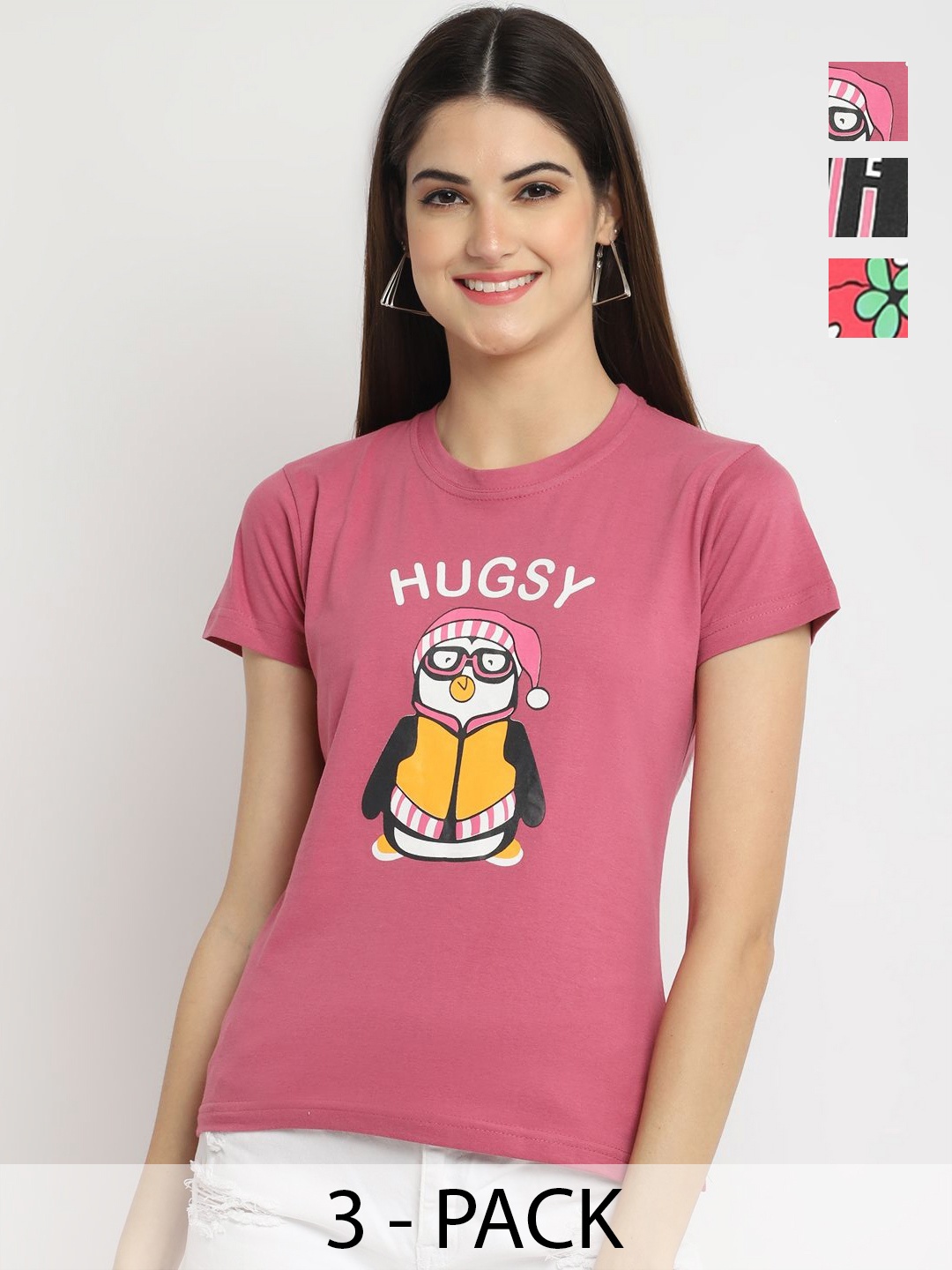 

Dreambe Women Pack of 3 Graphic Printed Round Neck Cotton T-shirts, Mauve