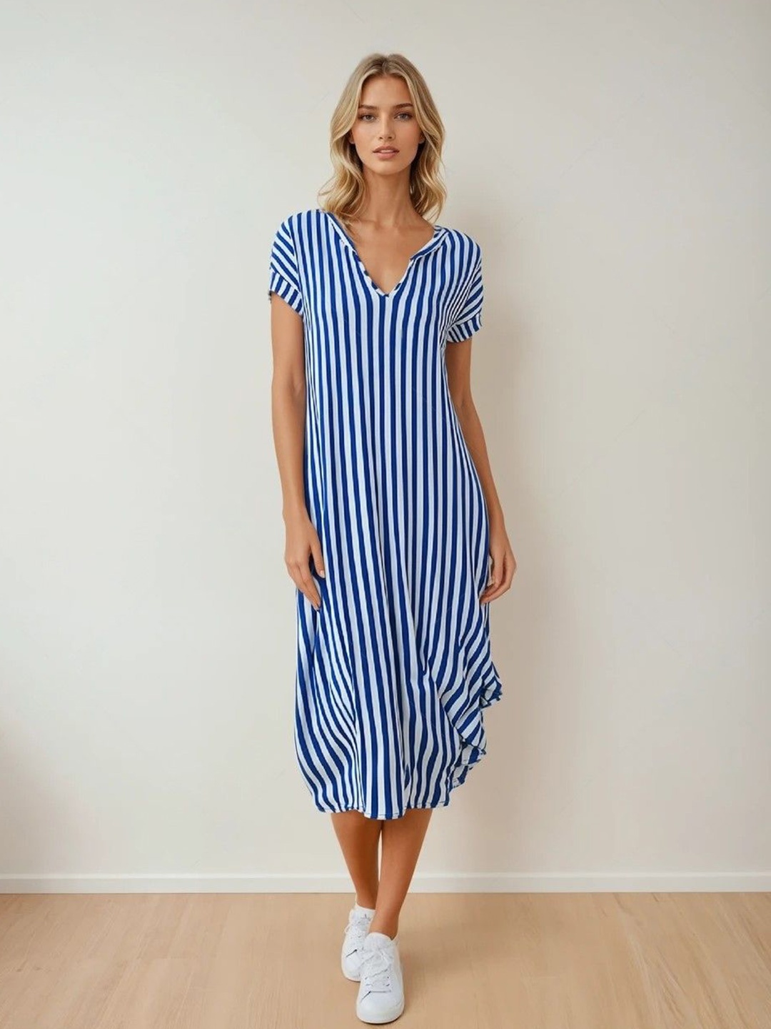 

Bollyclues Women Striped A-Line Midi Dress, Blue