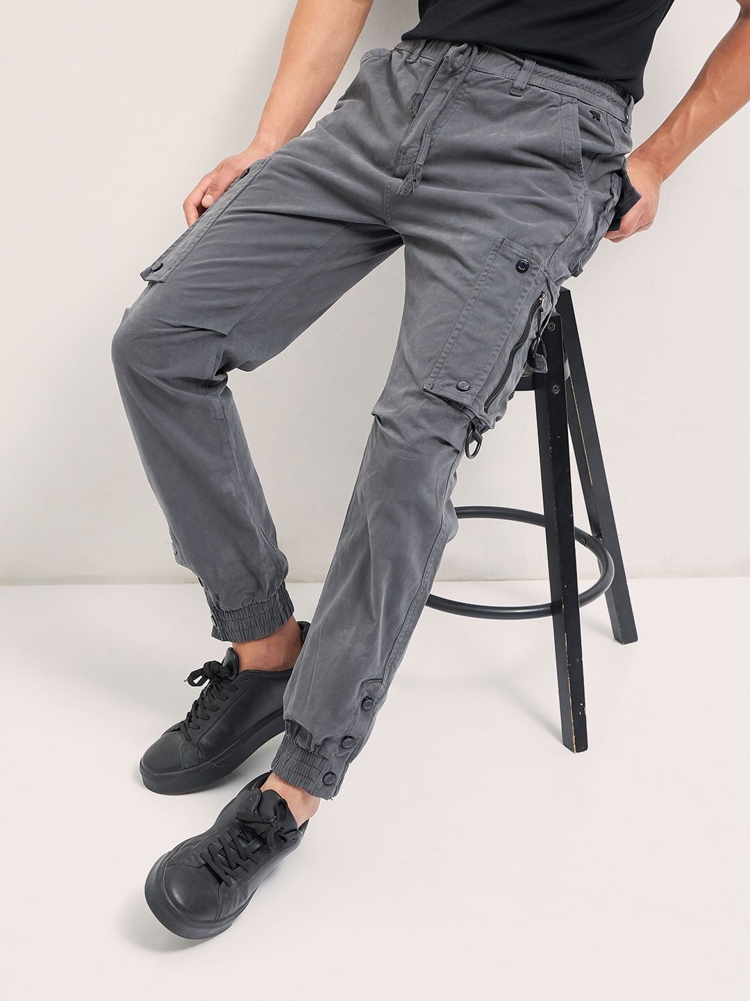 

THE BEAR HOUSE Men Cotton Solid Regular Fit Cargos, Grey