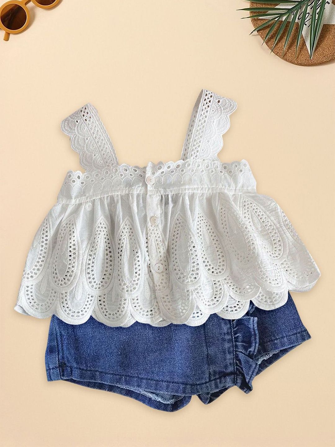 

FOREVER FRIDAY Girls Self Design Shoulder Straps Pure Cotton Top With Shorts, White